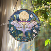 Luna Moth Stained Glass Suncatcher, Round Moonlight Window Panel with White Flowers, Mystical Insect Nature Inspired Home Decor Gift